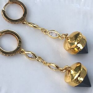 Black onyx genuine gemstone long lightweight drop cubic hoop huggie earrings